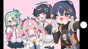 Rule 34 | 4girls, :d, ^ ^, angels of delusion, aqua streaks, aria (zenless zone zero), arm warmers, bandaid, bandaid hair ornament, belle (zenless zone zero), black hair, black jacket, blue hair, blush, bow, closed eyes, clothing cutout, collared shirt, commentary request, finger heart, fur-trimmed skirt, fur-trimmed sleeves, fur trim, gloves, green bow, green eyes, green hair, green halo, hair between eyes, hair ornament, halo, highres, jacket, momico co, multicolored hair, multiple girls, multiple hair clips, nangong yu, navel cutout, open clothes, open jacket, open mouth, pink arm warmers, pink bag, pink gloves, pink hair, red eyes, selfie, shirt, skirt, smile, streaked hair, striped arm warmers, sunna (zenless zone zero), v, white shirt, winged bag, zenless zone zero