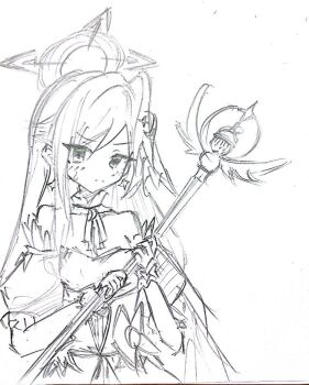 1girl bare_shoulders blue_archive bow breasts bustier commentary_request copenniki dress furrowed_brow halo head_wings holding holding_wand light_blush long_hair looking_at_viewer monochrome nervous official_alternate_costume simple_background single_hair_intake single_head_wing small_breasts solo suzumi_(blue_archive) suzumi_(magical)_(blue_archive) sweatdrop traditional_media underbust upper_body very_long_hair waist_bow wand white_background wings