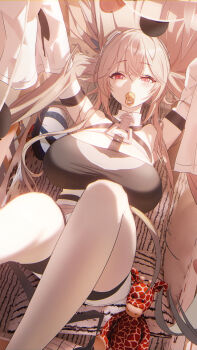 Rule 34 | 1girl, absurdres, anchorage (azur lane), azur lane, black shorts, black tube top, breasts, brown hair, chinese commentary, cradle, detached sleeves, hair spread out, highres, huge breasts, long hair, long sleeves, lying, on back, pacifier, pink eyes, shorts, sleeves past fingers, sleeves past wrists, solo, strapless, stuffed animal, stuffed giraffe, stuffed toy, thighs, tube top, yuyiosang
