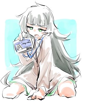 1girl blunt_bangs character_name commentary_request dress exhausted green_eyes green_hair green_trim highres hiyajou_maho holding holding_id_card id_card kneeling long_hair messy_hair open_mouth sadarann science_adventure simple_background solo steins;gate steins;gate_0 thighs tongue very_long_hair white_dress