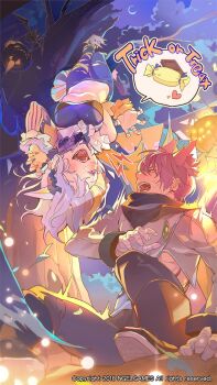 1boy 1girl animal_ears bandaged_hand bandages bat_(animal) candy character_request claw_pose copyright_notice food grey_shirt halloween highres looking_at_another lord_of_dice midriff open_mouth pants scar scar_on_face shirt short_hair torn_clothes torn_pants trick_or_treat uoongpig upside-down white_hair wrapped_candy