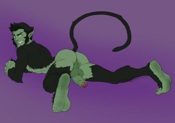 1boy anus ass barefoot beast_boy_(dc) body_hair colored_skin dc_comics erection feet full_body green_eyes green_skin looking_at_viewer lying male_focus penis presenting smile solo tail teen_titans teeth testicles toes young_justice