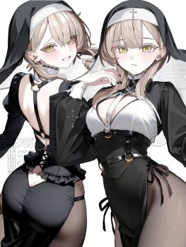 Rule 34 | 2girls, akadajohnson02, ass, back, backless dress, backless outfit, black dress, black nails, black pantyhose, black veil, brown eyes, brown hair, butt crack, chest harness, closed mouth, coif, colored eyelashes, commentary request, cowboy shot, cross piercing, dress, ear piercing, expressionless, eyebrows hidden by hair, grin, hair between eyes, hand up, harness, highres, long hair, long sleeves, looking at viewer, mole, mole under eye, multiple girls, nail polish, nun, o-ring, original, pantyhose, parted bangs, piercing, raised inner eyebrows, siblings, side slit, sisters, smile, standing, veil, watermark