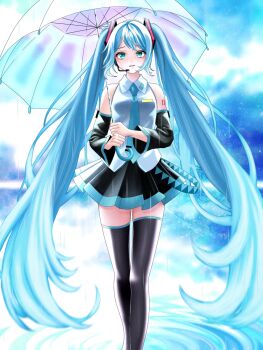 1girl aqua_eyes aqua_hair aqua_necktie boots collared_shirt detached_sleeves feet_out_of_frame hair_ornament hashtag-only_commentary hatsune_miku headset highres holding holding_umbrella looking_at_viewer necktie number_tattoo sakusakupenpen shirt sidelocks skirt solo tattoo thigh_boots twintails umbrella vocaloid