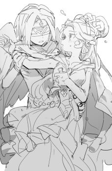 1boy 1girl bad_id bad_twitter_id blindfold blush breasts commentary cookie_run cookie_run:_ovenbreak coral_hair_ornament dress earrings feathered_wings grabbing_another's_arm greyscale hair_ornament hetero holding holding_sword holding_weapon humanization inactive_account jewelry k3vccitq large_breasts long_hair monochrome official_alternate_costume open_mouth painttool_sai_(medium) sea_fairy_cookie sea_fairy_cookie_(luminous_coral) shell shell_earrings short_hair simple_background sketch sword symbol-only_commentary updo very_long_hair weapon white_background wind_archer_cookie wind_archer_cookie_(night_raven) wings