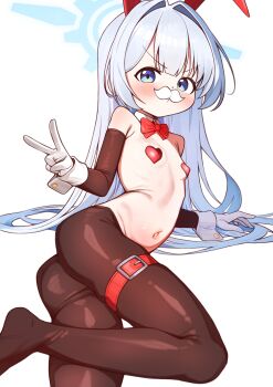 1girl black_thighhighs blue_archive blue_eyes blue_halo blush bow bowtie breasts cherino_(blue_archive) detached_sleeves facial_hair fake_facial_hair fake_mustache garter_straps gloves halo heart heart_pasties highres led_winter loli long_hair mustache navel pasties rabbit_ears red_bow red_bowtie red_garter_belt reverse_bunnysuit reverse_outfit shiny_clothes small_breasts solo thighhighs v white_background white_gloves white_hair white_mustache