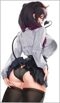 Rule 34 | 1girl, ass, black border, black hair, black skirt, black thighhighs, border, bra visible through clothes, breasts, demon girl, demon horns, demon tail, earrings, from behind, glasses, gradient hair, highres, horns, jewelry, kei (soundcross), large breasts, long hair, multicolored hair, original, shirt, skirt, solo, tail, thighhighs, white background, white shirt