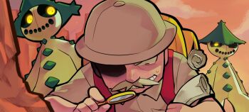 Rule 34 | 1boy, backpack, bag, black sclera, brown hat, brown shirt, cacturne, cloud, collared shirt, colored sclera, commentary request, facial hair, gen 3 pokemon, glowing, glowing eyes, hat, helmet, holding, holding magnifying glass, holding map, magnifying glass, male focus, map, mustache, nintendo, outdoors, partially shaded face, pith helmet, pokemon, pokemon (creature), pokemon oras, ruin maniac (pokemon), shirt, sky, sweat, teeth, tsunoji, yellow bag, yellow eyes