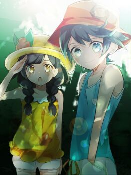 1boy 1girl backlighting black_hair blue_eyes blurry bokeh braid brown_eyes bucket_hat cowboy_shot depth_of_field elio_(pokemon) flower hands_in_pockets hat hat_flower lens_flare long_hair nintendo open_mouth pokemon pokemon_usum puffy_shorts ric_(aceradio) salute selene_(pokemon) shirt short_hair shorts sleeveless sleeveless_shirt smile sun_hat tank_top tree twin_braids