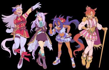 4girls animal_ear_piercing animal_ears ankle_socks annoyed aqua_bow aqua_bowtie aqua_shirt aqua_socks arm_ribbon armband armor asymmetrical_shirt bare_shoulders belt beret bib_collar black_background black_belt black_boots black_coat black_hair black_hat black_shorts black_skirt blue_bow blue_wrist_cuffs blunt_bangs blunt_ends blush boots bow bowtie breasts brown_belt cape choker closed_mouth coat collar commentary crescent crescent_hair_ornament crop_top crossed_arms crossed_belts crown dark-skinned_female dark_skin detached_collar dot_nose dress ear_bow ear_scrunchie earmuffs english_commentary fingerless_gloves floating_hair footwear_bow frilled_collar frilled_shirt frilled_sleeves frills fringe_trim frown full_body gem gloves gold_buttons gold_necklace gold_ship_(red_strife)_(umamusume) gold_ship_(umamusume) hair_between_eyes hair_ornament hair_over_one_eye hand_on_own_hip happy hat height_difference high_collar high_heel_boots high_heels highres hishi_amazon_(azure_amazon)_(umamusume) hishi_amazon_(umamusume) holding holding_scepter horse_ears horse_girl horse_tail jewelry knee_boots knees lace lace-trimmed_skirt lace-up_boots lace_trim large_breasts leaning_forward leg_ribbon leg_up light_blush long_hair long_hair_between_eyes long_sleeves looking_at_viewer looking_to_the_side mejiro_mcqueen_(frontline_elegance)_(umamusume) mejiro_mcqueen_(umamusume) midriff_peek mini_crown miniskirt multiple_girls multiple_piercings navel necklace open-toe_shoes open_clothes open_coat open_mouth orange_hair outstretched_arm pantyhose pauldrons pink_cape pink_crown pink_skirt pixveerei pleated_dress pleated_skirt puffy_long_sleeves puffy_sleeves purple_eyes purple_hair red_armband red_bow red_bowtie red_dress red_eyes red_gemstone red_scrunchie ribbon scepter scrunchie shirt shoes short_dress short_hair shorts shorts_under_skirt shoulder_armor simple_background single_bare_leg single_stripe skirt sleeveless sleeveless_dress sleeveless_shirt sleeves_past_wrists smile smirk socks standing stomach straight_hair striped_armband striped_clothes striped_shirt striped_skirt studded_belt t.m._opera_o_(o_sole_suo!)_(umamusume) t.m._opera_o_(umamusume) tail teeth thigh_belt thigh_strap thighhighs toned toned_female tongue two-tone_shirt two-tone_skirt umamusume upper_teeth_only v-shaped_eyebrows vertical-striped_clothes vertical-striped_skirt white_boots white_choker white_collar white_gloves white_hair white_pantyhose white_shirt white_shoes white_thighhighs wrist_cuffs wrist_ribbon yellow_boots
