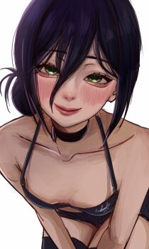 1girl absurdres bikini black_bikini black_choker black_thighhighs blush breasts chainsaw_man choker closed_mouth green_eyes grenade_pin hair_between_eyes highres leaning_forward looking_at_viewer purple_hair reze_(chainsaw_man) semi852 simple_background small_breasts smile solo swimsuit thighhighs white_background