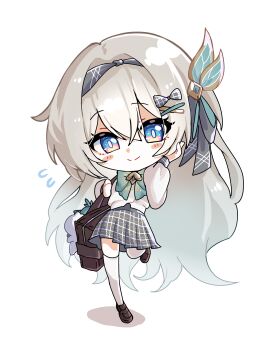 1girl absurdres blue_eyes blush bow bowtie brown_shoes chibi commentary firefly_(honkai:_star_rail) firefly_(spring_missive)_(honkai:_star_rail) full_body gradient_hair green_bow green_bowtie grey_bow grey_hair grey_hairband grey_skirt hair_bow hairband highres honkai:_star_rail honkai_(series) long_hair long_sleeves looking_at_viewer maengkkong-i miniskirt multicolored_eyes multicolored_hair official_alternate_costume pleated_skirt shirt shoes skirt smile solo standing standing_on_one_leg thighhighs two-tone_eyes very_long_hair white_shirt white_thighhighs