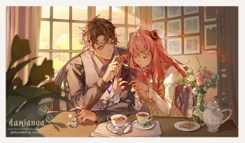 Rule 34 | 1boy, 1girl, aged up, ahoge, anya (spy x family), black shirt, blurry, bond (spy x family), border, brown hair, chair, character charm, charm (object), chinese commentary, closed eyes, closed mouth, commentary request, couple, cup, curtains, damian desmond, depth of field, dress, drink, english text, flower, grey border, grey vest, hair between eyes, hairpods, hand in another's hair, hand up, heart, hetero, highres, holding another's arm, indoors, juliet sleeves, light particles, long hair, long sleeves, looking at another, neck ribbon, necktie, on chair, parted bangs, pinafore dress, pink flower, pink hair, pink rose, pitcher (container), plate, puffy sleeves, purple necktie, red ribbon, ribbon, rose, saucer, shirt, short hair, side-by-side, sitting, sleeveless, sleeveless dress, spoken heart, spoon, spy x family, sq (su qing), teacup, vase, vest, white shirt, window, yellow dress, yellow eyes