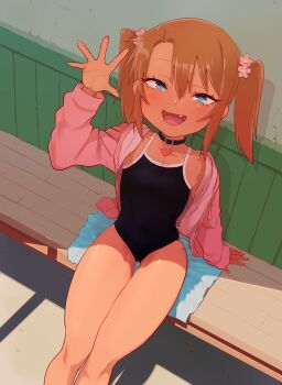 1girl blush camisole collar ebisujima_misato fang hair_between_eyes heart_collar heart_pendant highres hood hoodie looking_at_viewer open_mouth original school_swimsuit smile swimsuit tan tanline thigh_gap twintails waving yellow_camisole yuma_(ebisujima_misato)