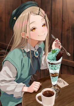 beret black_bow black_bowtie blonde_hair blush bow bowtie brooch chair closed_mouth coffee coffee_mug collared_shirt colored_eyelashes commentary cup earrings fingernails food gakuen_idolmaster glass green_hat green_sweater_vest hair_ornament hairclip hand_on_table hand_up hat highres holding holding_spoon idolmaster jewelry kaiso_(kaisooekaki) long_hair looking_at_viewer mug nail_polish on_chair orange_eyes parallel_hairclips parfait parted_bangs red_nails round_table shinosawa_hiro shirt sitting smile spoon sweater_vest table upper_body white_shirt