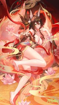 animal_ears atdan barefoot bent_knee_(knees) brown_hair dress female_focus fingernails floral_print flower flower_(flowers) fox_ears fox_girl fox_tail fugue_(honkai:_star_rail) full_body green_eyes hair_between_eyes hair_ornament highres honkai:_star_rail honkai_(series) light_erotic long_hair long_image looking_at_viewer lotus multiple_tails nail_polish red_nail_polish signed soles tail tall_image tassel tingyun_(honkai:_star_rail) toes wide_sleeves