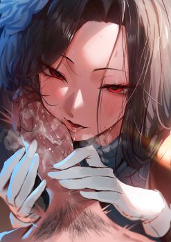 1girl absurdres fellatio gloves goddess_of_victory:_nikke hetero highres looking_at_viewer maiden_(ice_rose)_(nikke) maiden_(nikke) making-of_available male_pubic_hair open_mouth oral penis pov pubic_hair red_eyes rororo saliva solo_focus uncensored white_gloves