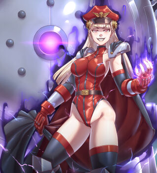 1girl belt blonde_hair blunt_bangs blunt_ends bracelet breasts capcom capcom_fighting_allstars capcom_fighting_jam cape clenched_teeth corruption cosplay elbow_gloves gloves hairpods hat highleg highleg_leotard highres ingrid_(capcom) jewelry large_breasts leebigtree leotard long_hair m._bison m._bison_(cosplay) mind_control necklace peaked_cap possessed possession red_eyes red_gloves shoulder_pads skull_necklace smile solo spiked_bracelet spikes street_fighter teeth thick_thighs thighs