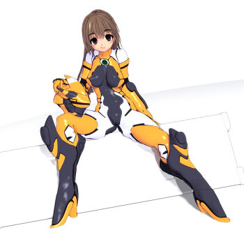 1girl 3d artist_request bodysuit breasts brown_hair female_focus full_body helmet hucaseal phantasy_star phantasy_star_online sitting smile solo source_request spread_legs tagme tame