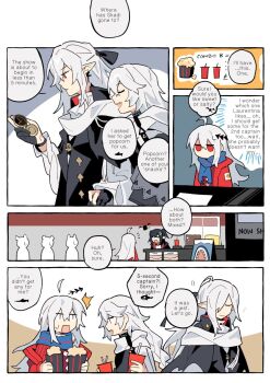 4girls ahoge arknights ascot black_coat black_collar black_gloves blue_scarf closed_eyes closure_(arknights) coat collar comic cup disposable_cup drink english_text food gladiia_(arknights) gloves grey_hair hair_between_eyes highres holding holding_drink holding_food holding_pocket_watch infection_monitor_(arknights) jitome long_hair movie_theater multiple_girls official_alternate_costume partially_fingerless_gloves people pocket_watch pointy_ears popcorn queue red_eyes red_sweater scarf sharp_teeth skadi_(arknights) smile specter_(arknights) speech_bubble sweatdrop sweater teeth u_u vento watch white_ascot