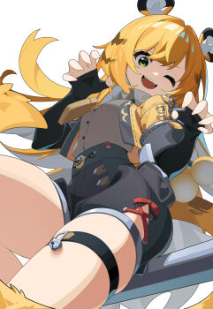 1girl absurdres aiee animal_ear_fluff animal_ears bell black_gloves black_shoes black_shorts blonde_hair bow claw_pose collared_shirt colored_inner_hair cowboy_shot elbow_gloves fang fingerless_gloves gloves green_eyes hands_up high-waist_shorts highres jacket ju_fufu long_hair looking_at_viewer multicolored_hair one_eye_closed open_mouth shirt shoes shorts simple_background skindentation solo standing striped_fur striped_hair tail tail_ornament thigh_strap tiger_ears tiger_girl tiger_tail very_long_hair white_background white_hair yellow_jacket zenless_zone_zero