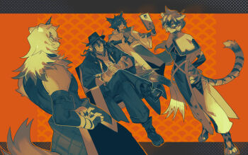 aak_(arknights) animal_ears arknights cat_tail dog_tail dragon fins fish fish_tail furry furry_female furry_male furry_with_furry hat highres horns hung_(arknights) kaifei_(kaifei_29) lee_(arknights) long_hair looking_at_viewer mythological_creature orange_background round_eyewear single_horn sitting standing tail tiger tiger_tail waai_fu_(arknights)