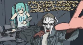 1boy 1girl aqua_eyes aqua_hair arm_warmers baseball_cap basketball_jersey black_hat cigarette dark-skinned_male dark_skin dj english_text eyes_in_shadow fubarmoe grey_mask grey_shirt hat hatsune_miku headphones_on_one_ear highres holding holding_cigarette holding_microphone launchpad_(controller) light-skinned_palms long_hair long_sleeves lower_teeth_only lyrics mf_doom mf_doom_(person) microphone mixing_console music open_mouth outstretched_arm phonograph shirt sideways_hat singing teeth turntable twintails vinyl_record vocaloid