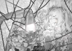 Rule 34 | 1girl, boots, commentary request, cross-laced footwear, expressionless, feet out of frame, flower, flower over eye, frilled shirt, frilled skirt, frills, greyscale, hair between eyes, hair flower, hair ornament, kirakishou, lace-up boots, lolita fashion, long hair, looking at viewer, medium bangs, monochrome, parted lips, plant, rozen maiden, shirt, sidelocks, skirt, solo, thigh boots, thighhighs, two side up, very long hair, vines, wavy hair, yisi ww, zettai ryouiki