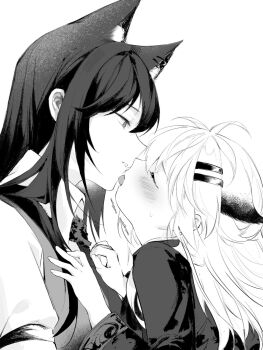 2girls animal_ear_fluff animal_ears arknights blush chinese_commentary closed_eyes collared_shirt commentary_request ear_piercing extra_ears from_side greyscale hair_ornament hairclip highres imminent_kiss lappland_(arknights) long_sleeves looking_at_another monochrome motion_lines multiple_girls onemore parallel_hairclips piercing profile shirt small_sweatdrop texas_(arknights) tongue tongue_out upper_body yuri