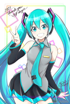 1girl 2021 blue_eyes blue_hair collared_shirt commentary_request cowboy_shot dec_madoka detached_sleeves grin hair_ornament hatsune_miku headphones headset highres long_hair long_sleeves looking_at_viewer miku_day nail_polish necktie pleated_skirt shirt signature skirt sleeveless sleeveless_shirt smile solo thank_you thighhighs tie_clip twintails v very_long_hair vocaloid