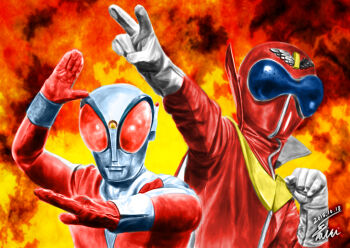 Rule 34 | 2015, 2boys, actor connection, aka ranger, alien, arm guards, arm up, artist name, assault visor, bodysuit, cape, clenched hand, colored skin, commentary, compound eyes, crossover, dated, fiery background, fighting stance, fire, fireman (fireman), fireman (series), forehead jewel, gem, gloves, glowing, glowing eyes, helmet, high collar, highres, himitsu sentai gorenger, kaneko taiki, looking at viewer, mask, multicolored skin, multiple boys, orange gemstone, outstretched arm, red bodysuit, red cape, red skin, signature, silver skin, super sentai, tokusatsu, two-sided cape, two-sided fabric, two-tone skin, upper body, v, white gloves, wrinkled skin, zipper