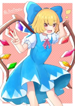 1girl blonde_hair blue_bow blue_dress blush boss9331 bow cirno cirno_(cosplay) collared_shirt commentary_request cosplay crystal crystal_wings dress fang flandre_scarlet hair_bow highres looking_at_viewer multicolored_wings neck_ribbon open_mouth pinafore_dress pink_ribbon puffy_sleeves red_eyes ribbon shirt sleeveless sleeveless_dress smile solo touhou twitter_username v white_shirt wings
