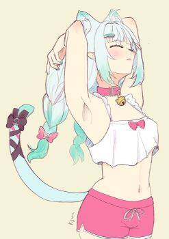 1girl ahoge animal_ear_fluff animal_ears armpits arms_behind_head arms_up bell black_bow blue_eyes bow braid camisole cat_ears cat_girl closed_eyes collar crop_top dolphin_shorts frilled_camisole frills from_side gradient_hair green_hair green_nails hair_bow hair_ornament hairclip heart highres indie_virtual_youtuber kjara-draws long_hair low_twin_braids mint_fantome mint_fantome_(otaku) multicolored_hair nail_polish navel neck_bell pink_bow pink_collar pink_shorts shorts signature solo tail tail_bow tail_ornament twin_braids virtual_youtuber white_camisole white_hair x_hair_ornament