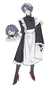 Rule 34 | 1boy, absurdres, alternate costume, apron, black dress, blue hair, chief (path to nowhere), chinese commentary, closed mouth, commentary request, crossdressing, crossdressing (mtf), curtained hair, dress, enmaided, female chief (path to nowhere), full body, grey pantyhose, high heels, highres, holding, holding tray, kuailemaoamaomao^o^, long sleeves, looking at viewer, maid, maid apron, maid headdress, male chief (path to nowhere), male focus, male maid, pantyhose, parted bangs, path to nowhere, red shoes, shoes, short hair, simple background, skirt hold, tray, white apron, white background