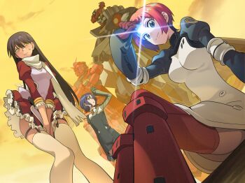 Rule 34 | 1boy, 2girls, absurdres, amate yuzuriha, arm support, arm up, black hair, blue hair, blush, boots, breasts, closed mouth, cloud, cosplay, creator connection, crossed arms, dress, dutch angle, embarrassed, feet out of frame, frilled dress, frills, glowing, gquuuuuux, green eyes, gunbuster pose, gundam, gundam gquuuuuux, hair between eyes, highres, knees together feet apart, lal'c mellk mal, lal'c mellk mal (cosplay), large breasts, legwear garter, liang chan xing make tu, long hair, long sleeves, mecha, mobile suit, multiple girls, nono (top wo nerae 2!), nono (top wo nerae 2!) (cosplay), nyaan (gundam gquuuuuux), nyan nok cham, nyan nok cham (cosplay), orange sky, outdoors, red boots, red dress, red eyes, red gundam, red hair, robot, scarf, science fiction, short hair, shuji ito, sitting, sky, small sweatdrop, smile, standing, thighhighs, top wo nerae! (series), top wo nerae 2!, twilight, v-fin, very long hair, white dress, white scarf, white thighhighs