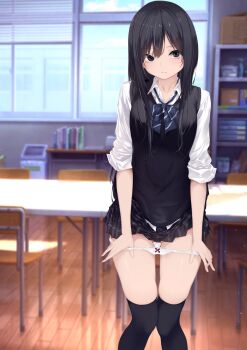 1girl black_eyes black_hair black_skirt black_sweater_vest blue_bow blue_bowtie blurry blurry_background bookshelf bow bow_panties bowtie chair classroom clothes_lift collared_shirt commentary_request depth_of_field diagonal-striped_bow diagonal-striped_bowtie diagonal-striped_clothes feet_out_of_frame fiesuke gluteal_fold highres indoors knees_together_feet_apart long_hair looking_at_viewer miniskirt original panties panty_pull parted_bangs parted_lips plaid_clothes plaid_skirt pleated_skirt pulling_own_clothes school_chair school_uniform shirt skirt skirt_lift sleeves_rolled_up solo standing straight_hair striped_bow striped_bowtie striped_clothes sweater_vest table three-quarter_sleeves underwear white_panties white_shirt window window_blinds wooden_floor