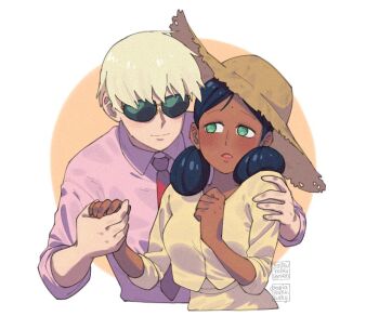 1boy 1girl ariamikukanzaki arm_around_shoulder black_hair blonde_hair breasts char_aznable commentary dark-skinned_female dark_skin facial_mark forehead_mark green_eyes gundam gundam_gquuuuuux hand_grab hat hetero interracial lalah_sune medium_breasts necktie open_mouth red_necktie signature smile sun_hat sunglasses