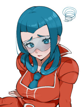 1girl absurdres arm_support blue_eyes blue_hair blue_necktie breasts closed_mouth commentary_request embarrassed eyelashes glasses hair_rings highres long_hair mable_(pokemon) necktie nintendo omochi_(pixiv_73433243) orange_shirt pokemon pokemon_legends:_z-a pokemon_xy raised_inner_eyebrows shirt sitting solo squiggle team_flare team_flare_uniform white_background