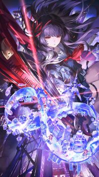 Rule 34 | 1girl, absurdres, arm cutout, black hair, black serafuku, black shirt, black skirt, chisa (wuthering waves), clothing cutout, commentary, copyright notice, english commentary, hair ribbon, highres, holding, holding sword, holding weapon, logo, long hair, long sleeves, mole, mole under eye, namipon (wuthering waves), neckerchief, official art, parted lips, people, red eyes, red neckerchief, red ribbon, ribbon, sailor collar, school uniform, serafuku, shirt, skirt, sword, tacet mark (wuthering waves), thigh strap, weapon, white sailor collar, wuthering waves, yaoyaobae