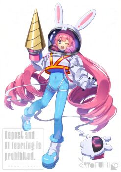 1girl 1other animal_ears ankle_boots blue_bodysuit blue_eyes bodysuit boots commentary covered_navel creature cropped_jacket drill drill_hair drill_hand drill_sidelocks fake_tail gloves harness_belt high-visibility_clothing long_hair one_eye_closed open_mouth original pink_hair quad_drills rabbit_ears rabbit_tail robot ryofuhiko sidelocks signature simple_background smile spacesuit tail teeth tether upper_teeth_only watermark white_background