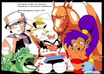 1girl 2boys black_border border breasts charizard cleavage collarbone crossover ear_piercing earrings english_text facial_hair game_boy game_boy_color gen_1_pokemon gloves grimace grin handheld_game_console hat hoop_earrings ivysaur jacket jeb_(jucijuice_) jewelry large_breasts long_hair looking_at_another multiple_boys mustache nintendo open_mouth piercing pikachu playing_games pointy_ears pokemon pokemon_rgby purple_hair red_(pokemon) shantae shantae_(gbc) shantae_(series) smile squirtle strapless sweatdrop tiara tube_top upper_body wario wario_land wario_land_3 white_background
