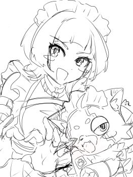 Rule 34 | 1girl, digimon, digimon (creature), fang, looking at viewer, maid, mkz dg, one eye closed, open mouth, pristimon, sakuya reina, sketch, tomato, wink