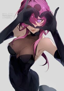 1girl absurdres alternate_costume armpits black_dress black_gloves breasts cleavage collarbone dress elbow_gloves eyewear_on_head gloves hair_over_one_eye hashtag-only_commentary heart heart_hands highres honkai:_star_rail honkai_(series) kafka_(honkai:_star_rail) large_breasts long_hair purple_eyes purple_hair shino_(moi_0142) simple_background sleeveless solo watermark