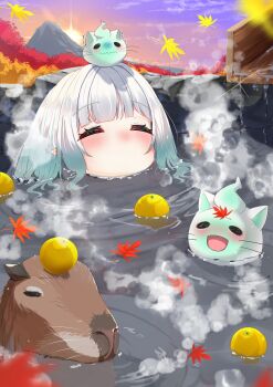 1girl absurdres autumn_leaves bathing blunt_bangs capybara closed_eyes commentary commission english_commentary falling_leaves food fruit glint green_hair highres indie_virtual_youtuber kroble leaf maple_leaf mint_fantome mountainous_horizon multicolored_hair no_mouth on_head onsen orange_(fruit) outdoors partially_submerged pointy_ears sky steam sun sunset two-tone_hair vgen_commission virtual_youtuber water white_hair