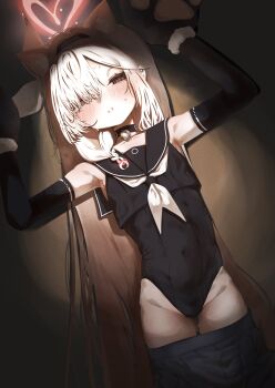 1girl absurdres alternate_costume animal_hands armpits bell black_collar black_eyes black_hairband black_one-piece_swimsuit black_serafuku blue_archive blush braid clothes_pull collar colored_inner_hair elbow_gloves gloves hair_over_one_eye hairband halo heart heart_halo highres long_hair looking_at_viewer lying multicolored_hair neck_bell neckerchief on_back one-piece_swimsuit paw_gloves plana_(blue_archive) red_pupils ribbon school_uniform serafuku sharp_to_sharp shirt single_braid skirt skirt_pull sleeveless sleeveless_shirt swimsuit white_neckerchief white_ribbon