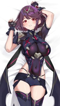 1girl alternate_color alternate_hair_color armpits black_shorts breasts chest_jewel covered_navel dark_persona highres large_breasts looking_at_viewer lying matrix16 on_back purple_hair pyra_(xenoblade) red_eyes short_hair short_shorts shorts solo swept_bangs thighs tiara xenoblade_chronicles_(series) xenoblade_chronicles_2
