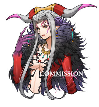 1girl absurdres breasts claws cleavage closed_mouth coat commission cropped_torso earrings eyeshadow facial_mark feather_trim final_fantasy final_fantasy_viii grey_hair hair_horns highres jewelry large_breasts light_smile long_hair lukrevadraws makeup necklace parted_lips plunging_neckline red_coat red_eyeshadow red_lips solo twitter_username ultimecia upper_body white_background yellow_eyes