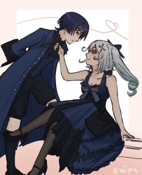 1boy 1girl alternate_costume arm_at_side arms_behind_back ascot ascot_grab black_ascot black_corset black_eyes black_eyeshadow black_hair black_hat black_shirt black_shoes black_shorts blue_bow blue_coat blue_dress blue_vest blunt_ends bow breasts cleavage closed_mouth clothes_grab coat collarbone collared_coat corset couple cross-laced_clothes cross-laced_corset dress dress_shirt eyelashes eyeliner eyeshadow faruzan_(genshin_impact) formal_clothes frilled_dress frills from_side genshin_impact gold gold_trim grey_eyes grey_hair hair_ornament hand_up hat head_down hetero high_heels highres holding holding_unworn_clothes holding_unworn_hat leaning_forward long_hair looking_at_another makeup mole mole_under_mouth neckwear_grab pink_background pink_lips red_eyeliner red_eyeshadow scaramouche_(genshin_impact) shirt shoes shorts sideways_mouth sitting small_breasts smile standing top_hat tsurime twintails twitter_username uiiyru undershirt unworn_hat unworn_headwear vest wispy_bangs x_hair_ornament