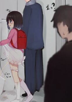 1girl backpack bag black_hair blue_eyes blush clothes_lift highres kanekan lifting_own_clothes loli multiple_boys open_mouth original panties panties_around_leg panty_pull peeing peeing_together public_bathroom randoseru skirt skirt_lift standing toilet_use underwear urinal urinal_use watching