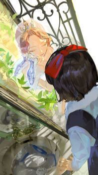 Rule 34 | 2girls, absurdres, black hair, bow, brown hair, closed eyes, closed mouth, commentary request, eyelashes, facing another, faucet, forehead, from above, grate, grey shirt, hair bow, hand up, high heels, highres, holding, holding unworn clothes, long sleeves, multiple girls, original, plant, red bow, shirt, shoes, short hair, sink, standing, terazuki, tiara, unworn shoes, veil, vines